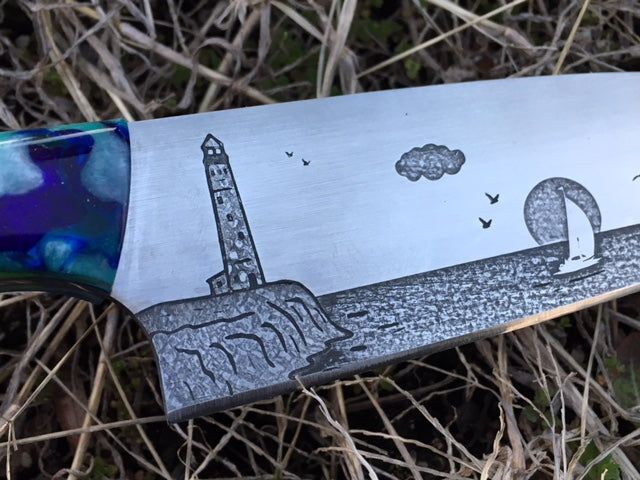 Custom Dolphin and Tropical Fish etched Chef Knife. Functional Metal A –  Berg Knifemaking