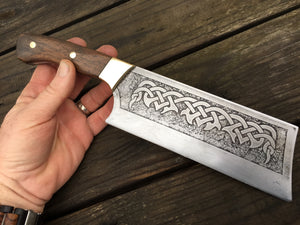 Custom hand made Celtic Cleaver Chef Knife, full tang with walnut handles