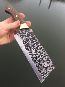 Hammer Peened Modified Cleaver Chef Knife, full tang with walnut handles