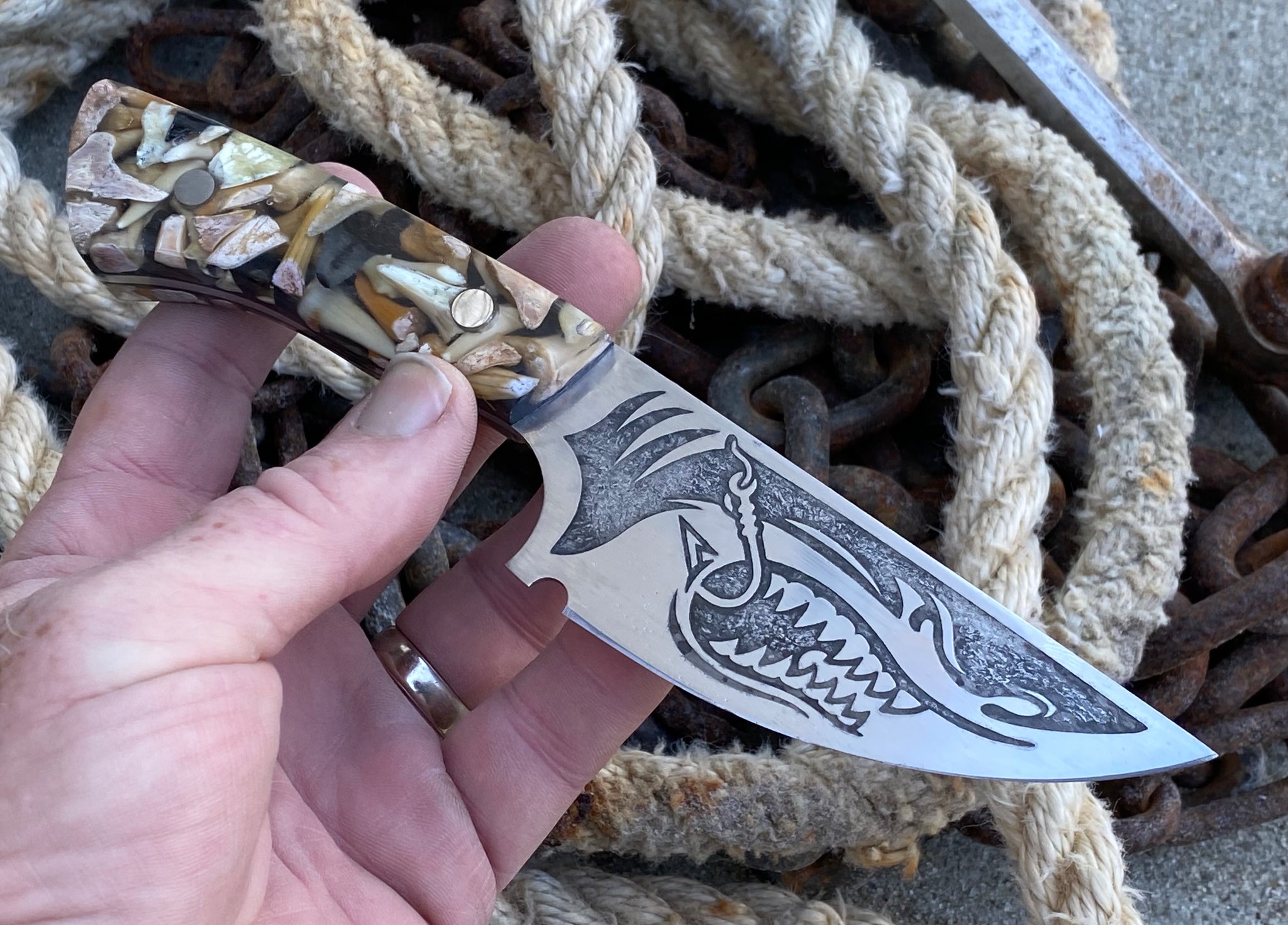 Shark Knife with fossil shark teeth cast handles – Berg Knifemaking