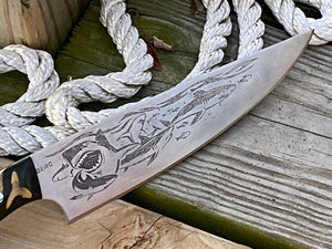 Shark Frenzy etched Chef Knife. Functional Metal Art by Berg Knifemaking