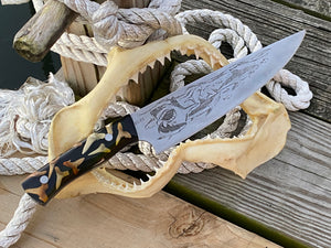 Shark Frenzy etched Chef Knife. Functional Metal Art by Berg Knifemaking