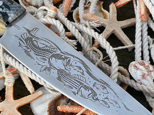 Striped Bass etched Chef Knife. Functional Metal Art by Berg Knifemaking