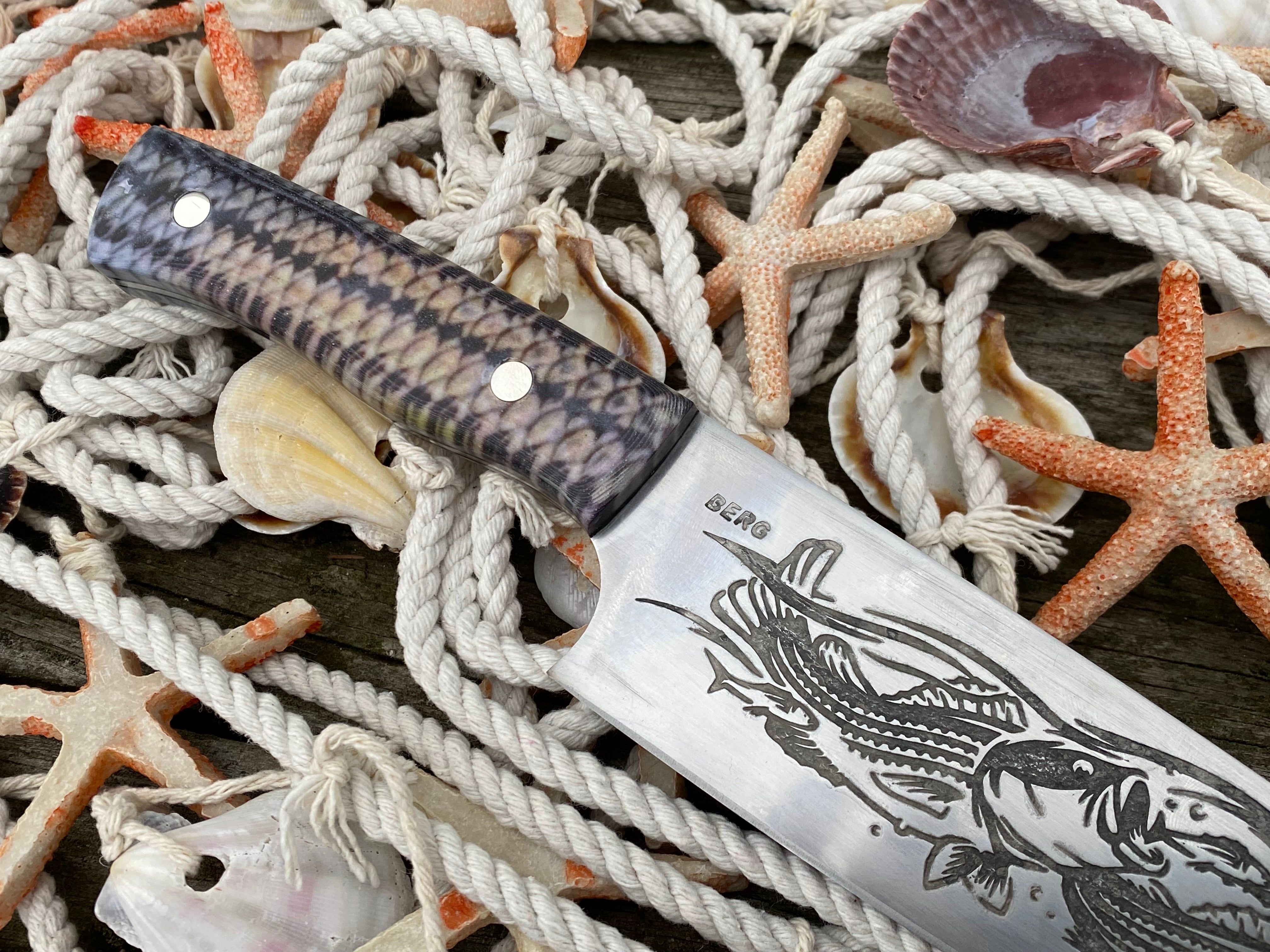 Custom Dolphin and Tropical Fish etched Chef Knife. Functional Metal A –  Berg Knifemaking