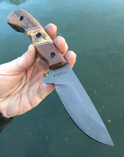 Load image into Gallery viewer, Custom Hand Made Fixed Blade with Dark wood and light burl Hybrid Scales