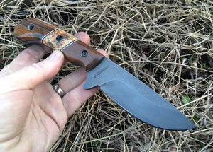Custom Hand Made Fixed Blade with Dark wood and light burl Hybrid Scales