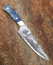 Load image into Gallery viewer, Custom Dolphin and Tropical Fish etched Chef Knife. Functional Metal Art by Berg Knifemaking
