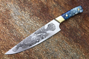 Custom Dolphin and Tropical Fish etched Chef Knife. Functional Metal Art by Berg Knifemaking