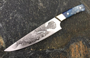 Custom Dolphin and Tropical Fish etched Chef Knife. Functional Metal Art by Berg Knifemaking