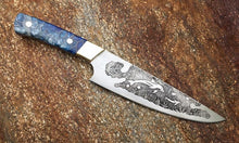 Load image into Gallery viewer, Custom Dolphin and Tropical Fish etched Chef Knife. Functional Metal Art by Berg Knifemaking