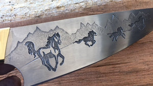 Horse theme Custom Hand made Chef Knife. Functional metal art by Berg Knifemaking