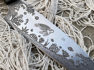 Sea Turtle and Coral Underwater Themed Custom Hand Made Chef Knife